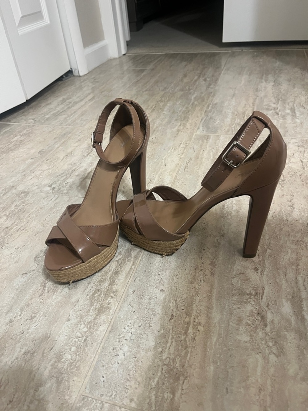 Mossimo Supply Co. Brown Patent Platform Ankle-Strap Heels